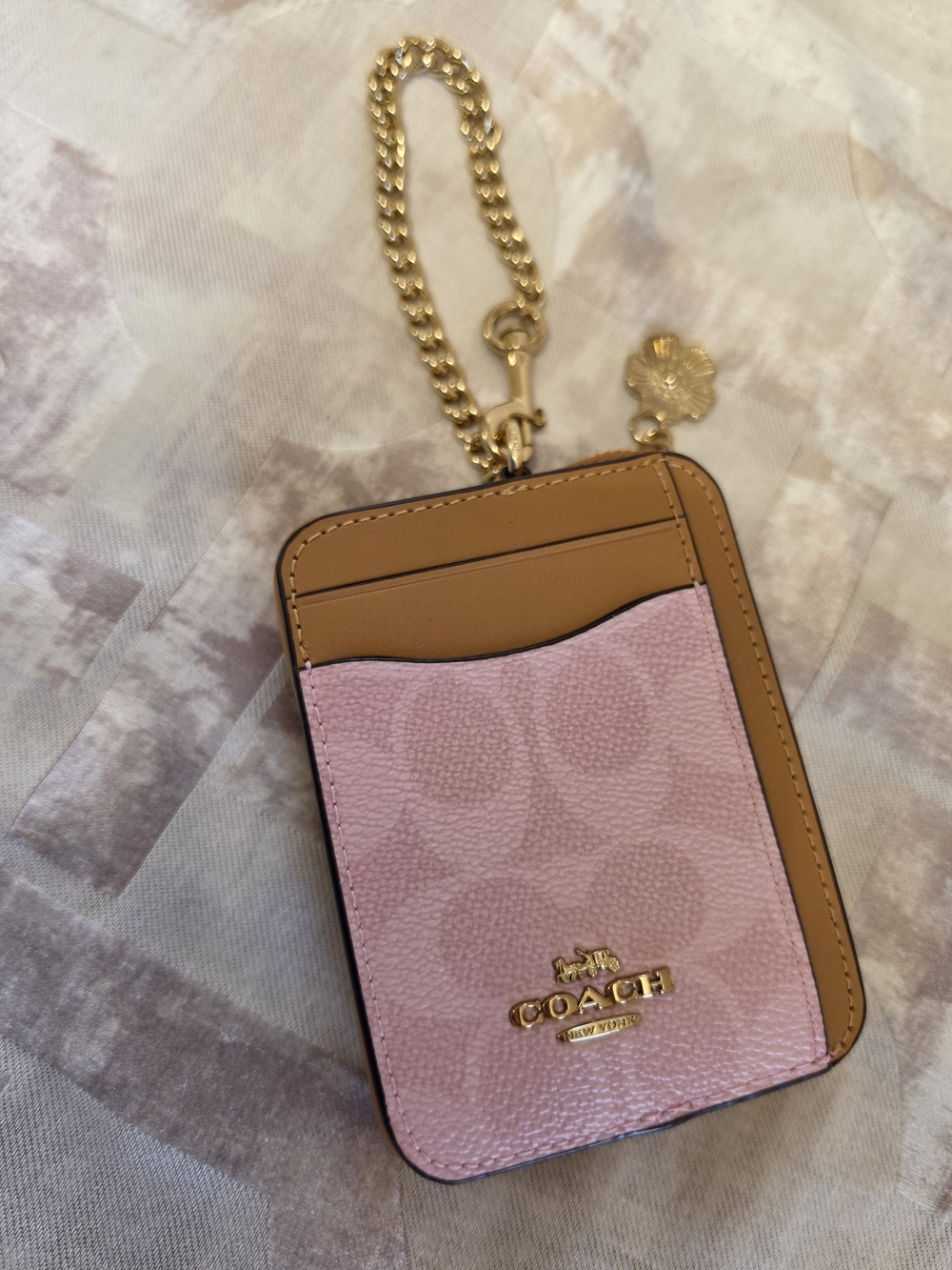 Coach Pink & Tan Leather Card Holder with Gold Chain Charm
